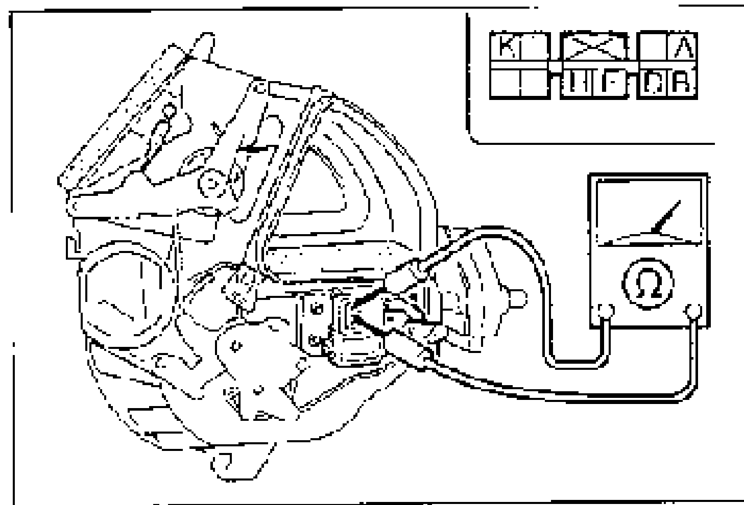 Line drawing of the heater unit with an ohmmeter connected to the airflow mode actuator terminals to check continuity. An inset at top-right shows the actuator connector terminal layout labelled K, I, H, A, B, C, F. An ohmmeter (Ω) symbol is shown at right.
