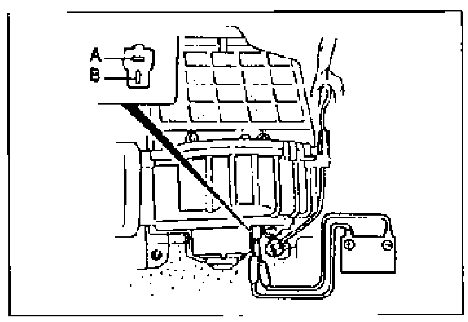 Line drawing of the blower motor with its connector. Terminals A and B are labelled at top-left; battery positive voltage is applied to A and ground to B to verify motor operation.