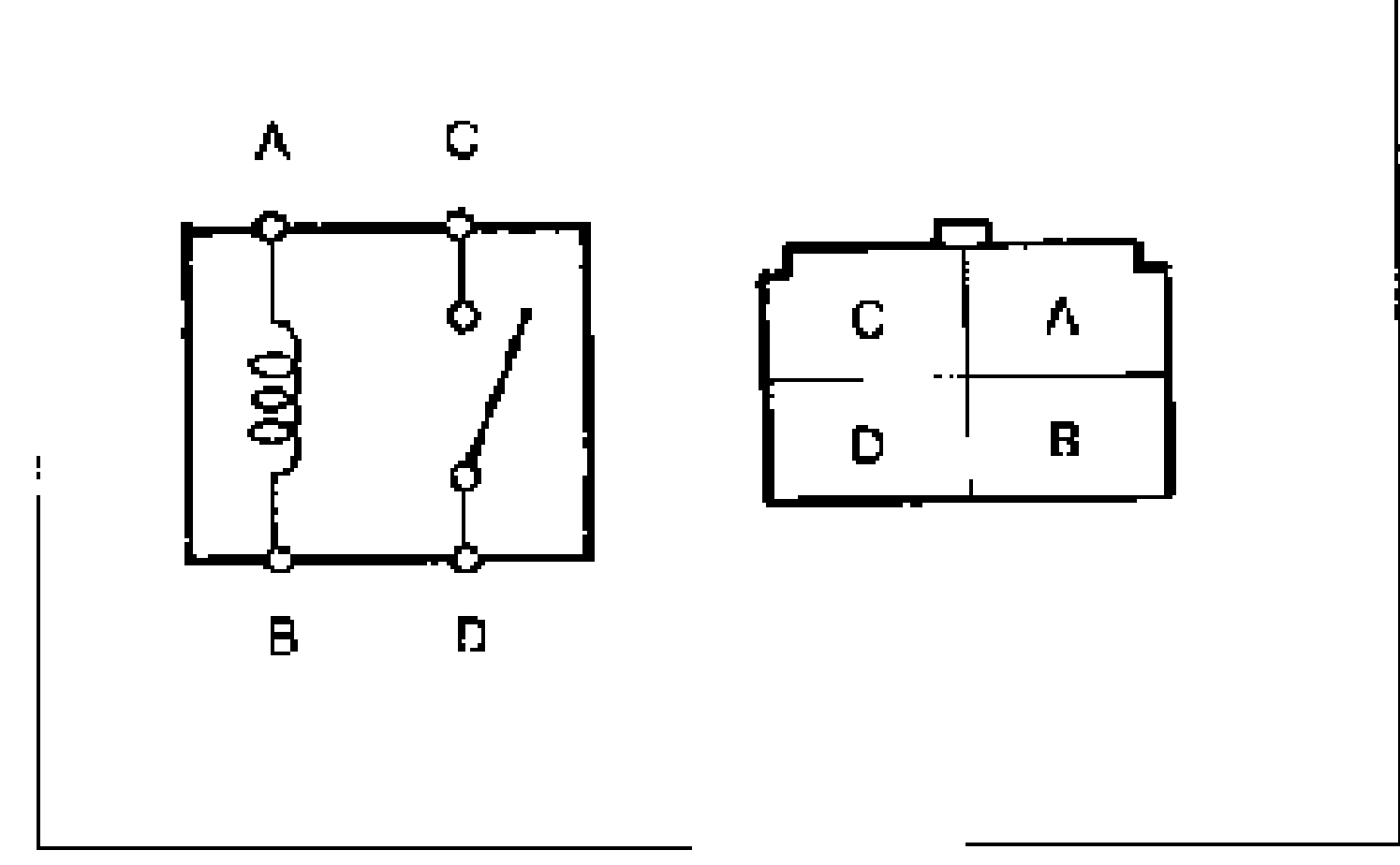 Blower relay internal circuit schematic (coil between B and D, switch contacts A-C) alongside the relay connector terminal layout showing C and A on top row, D and B on bottom row.