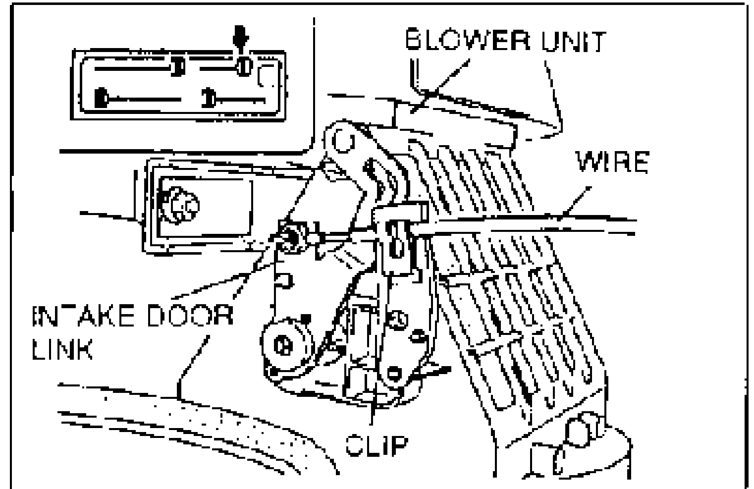 Air intake wire connection to the intake door link at the blower unit. Labels: BLOWER UNIT, WIRE, INTAKE DOOR LINK, CLIP. Shows where the wire is clamped after setting the door to the FRESH position.