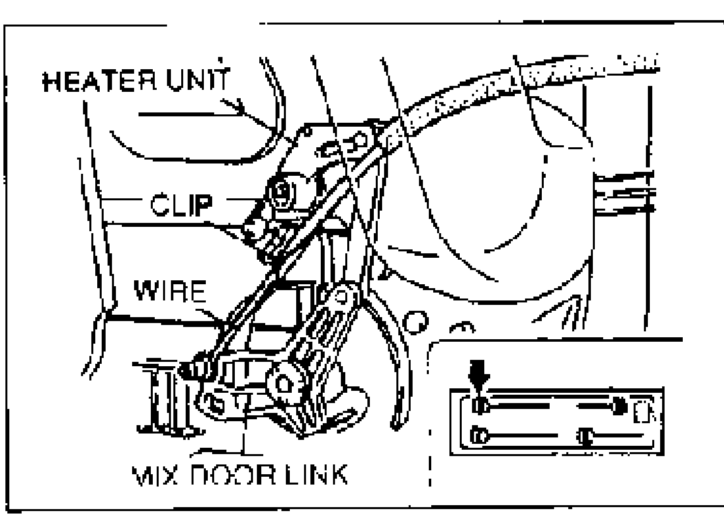 Air mix wire connection to the mix door link on the heater unit. Labels: HEATER UNIT, CLIP, WIRE, MIX DOOR LINK. An inset at lower-right shows the wire/clip routing detail with an arrow indicating where to set the wire.