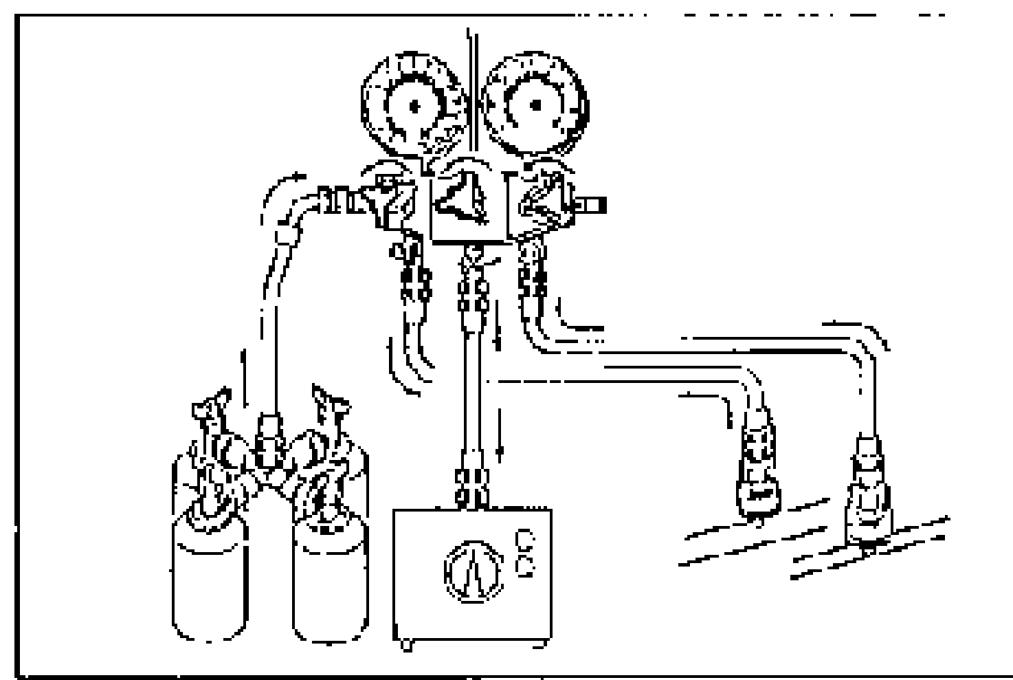 Manifold gauge set connected to two service cans and a vacuum pump, illustrating the evacuation phase.