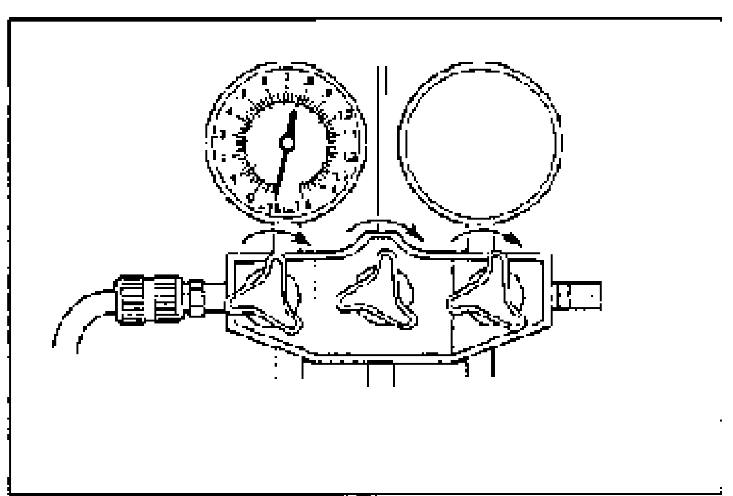 Close-up of the manifold gauge body showing arrows for valve flow during vacuum check; one gauge dial reads negative pressure.