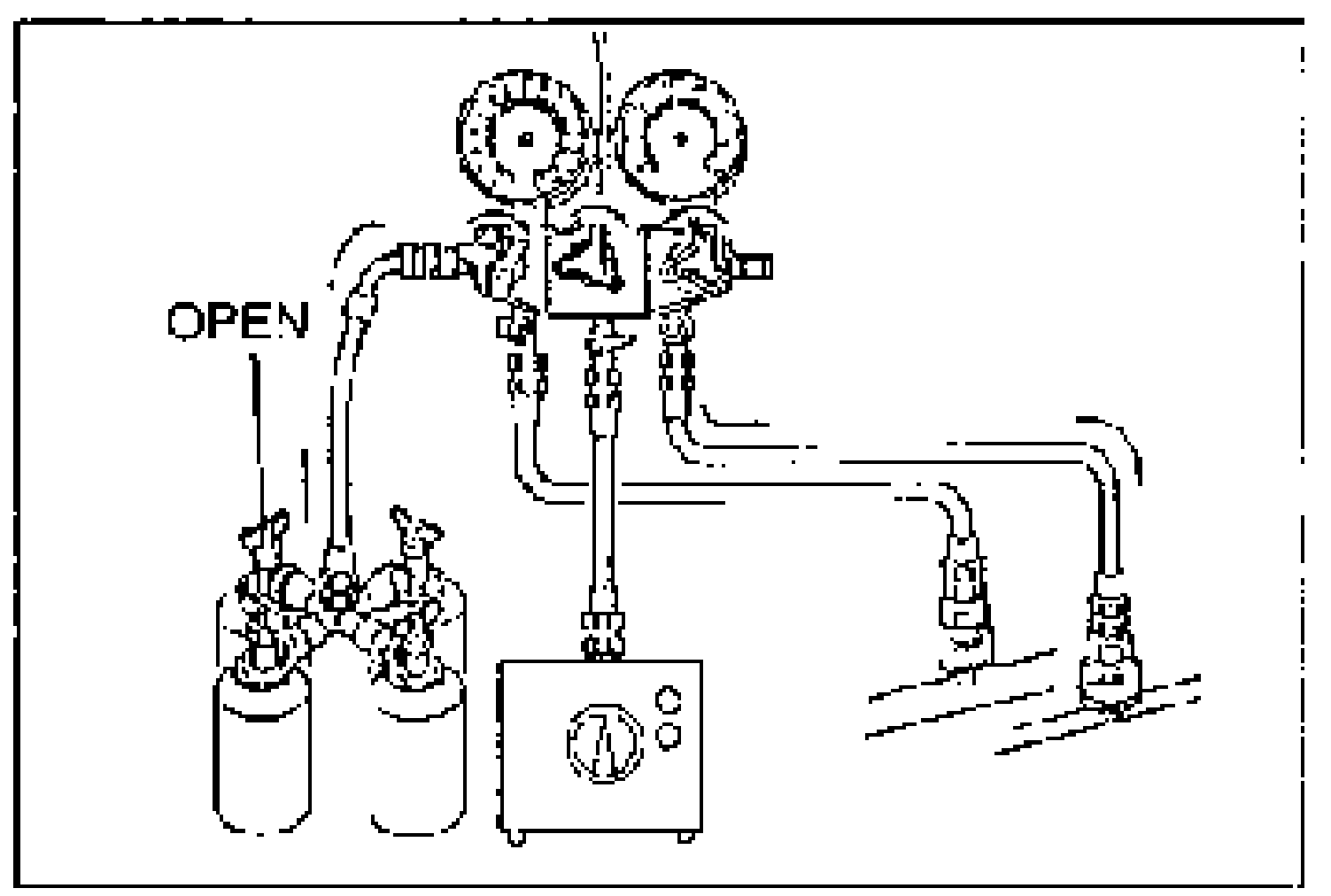 Manifold gauge set with high-pressure-side valve OPEN, connected to two service cans and vacuum pump, illustrating the charging phase.