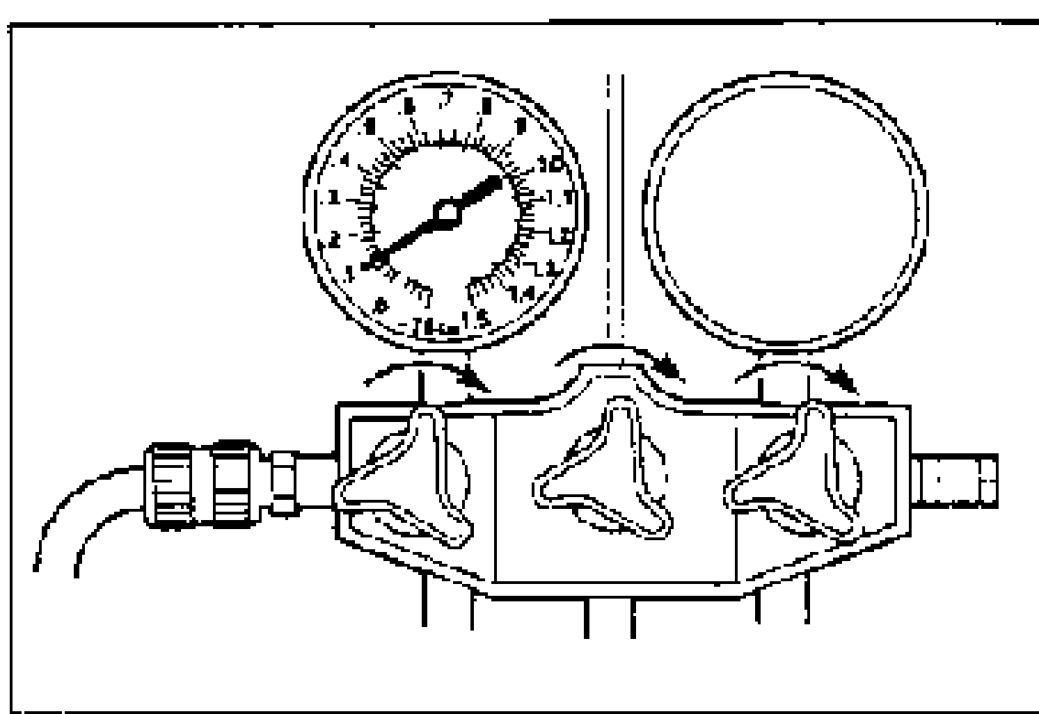 Close-up of the manifold gauge body with flow arrows; left dial reads pressure. Illustrates closing the high-pressure side valve.