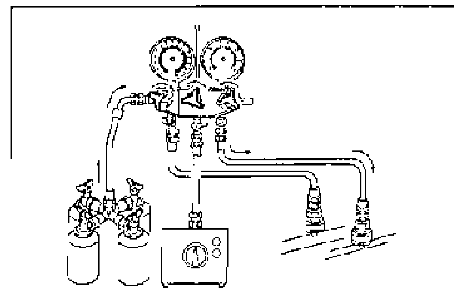 Manifold gauge set connected to two service cans and vacuum pump, charging hoses routed to cooler pipes. Illustrates charging with half the regular refrigerant amount.