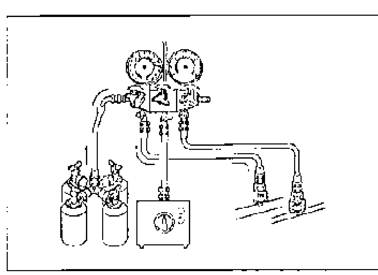 Manifold gauge set with both gauge dials and flow arrows, connected to two service cans and vacuum pump. Illustrates charging with the remaining refrigerant via the low-pressure side.
