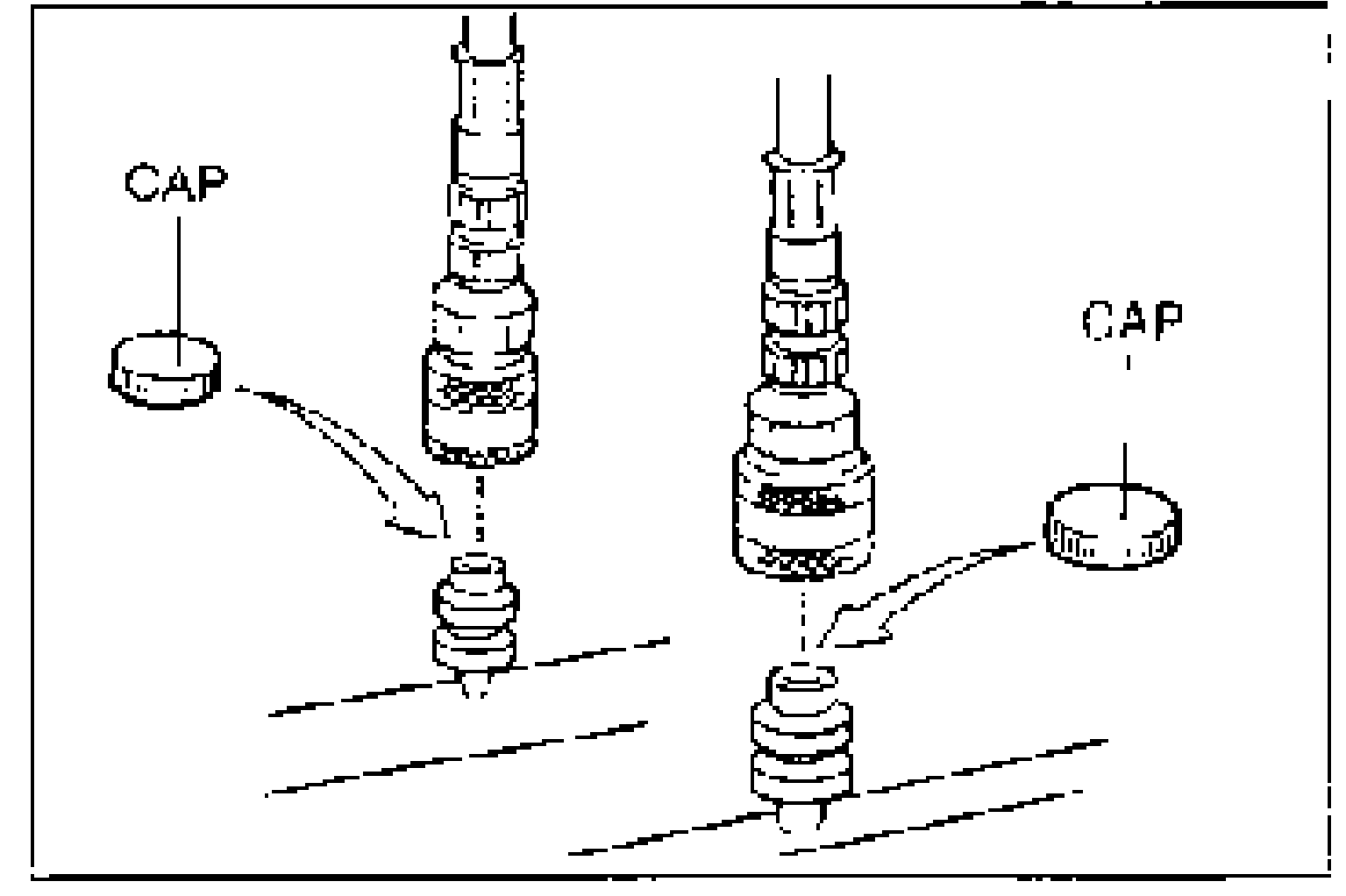 Quick couplers being disconnected from the charging valves, with caps shown being reinstalled (arrows from CAP labels point to the charging valve fittings).