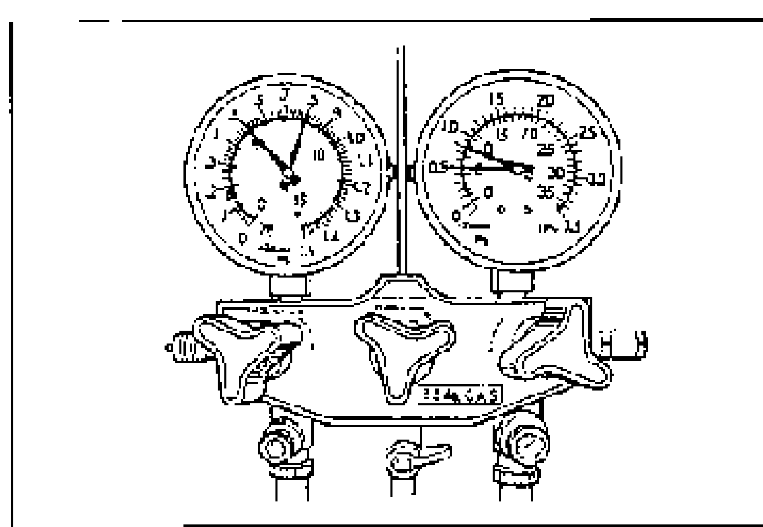 Manifold gauge set with both dial gauges (low-pressure and high-pressure) and three valve handles. Illustrates checking the refrigerant pressure readings.
