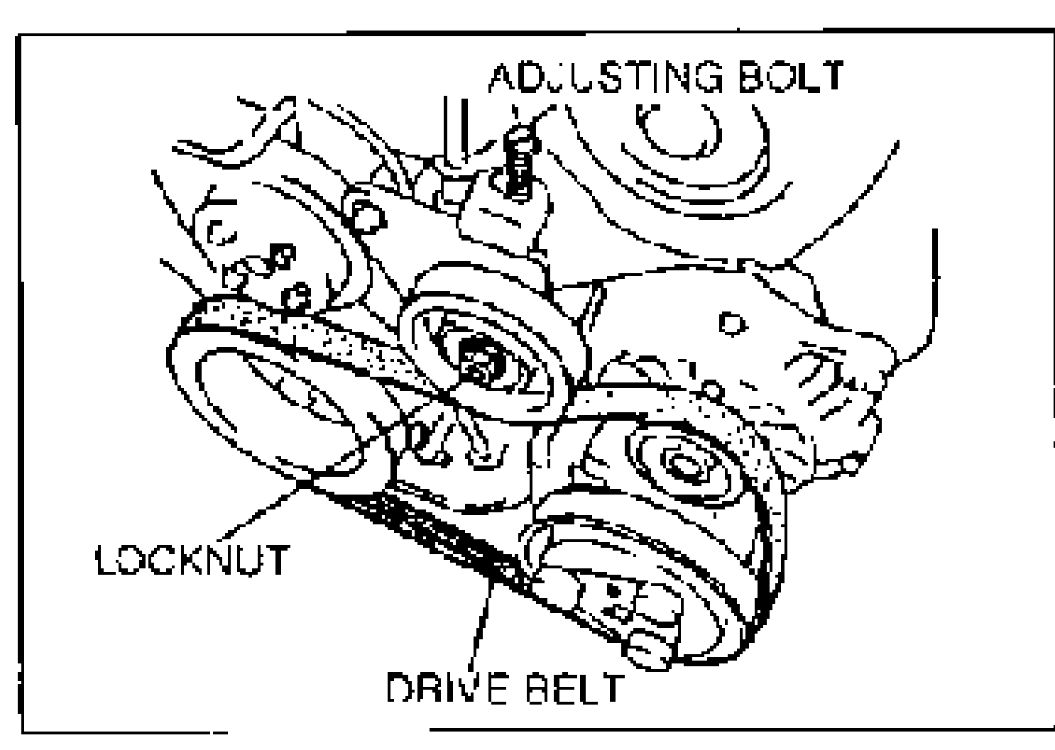 K8 engine accessory drive area showing the drive belt routing with callouts for ADJUSTING BOLT, LOCKNUT and DRIVE BELT. Used for removing the drive belt on the K8 engine.