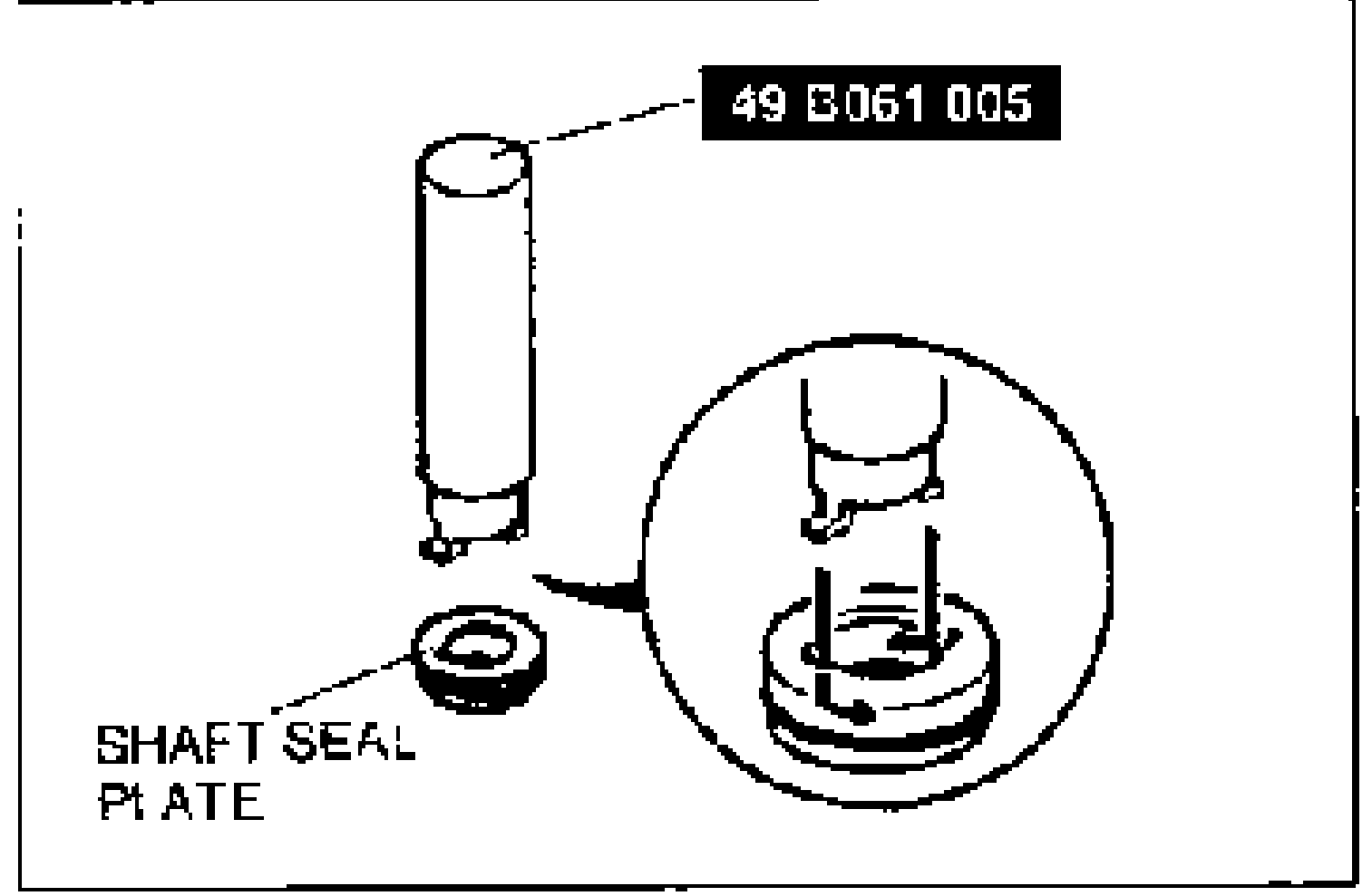 SST 49 B061 005 (replacer, seal plate) shown above the SHAFT SEAL PLATE, with a detail circle showing the tool cutout engaging the seal plate groove inside the compressor.