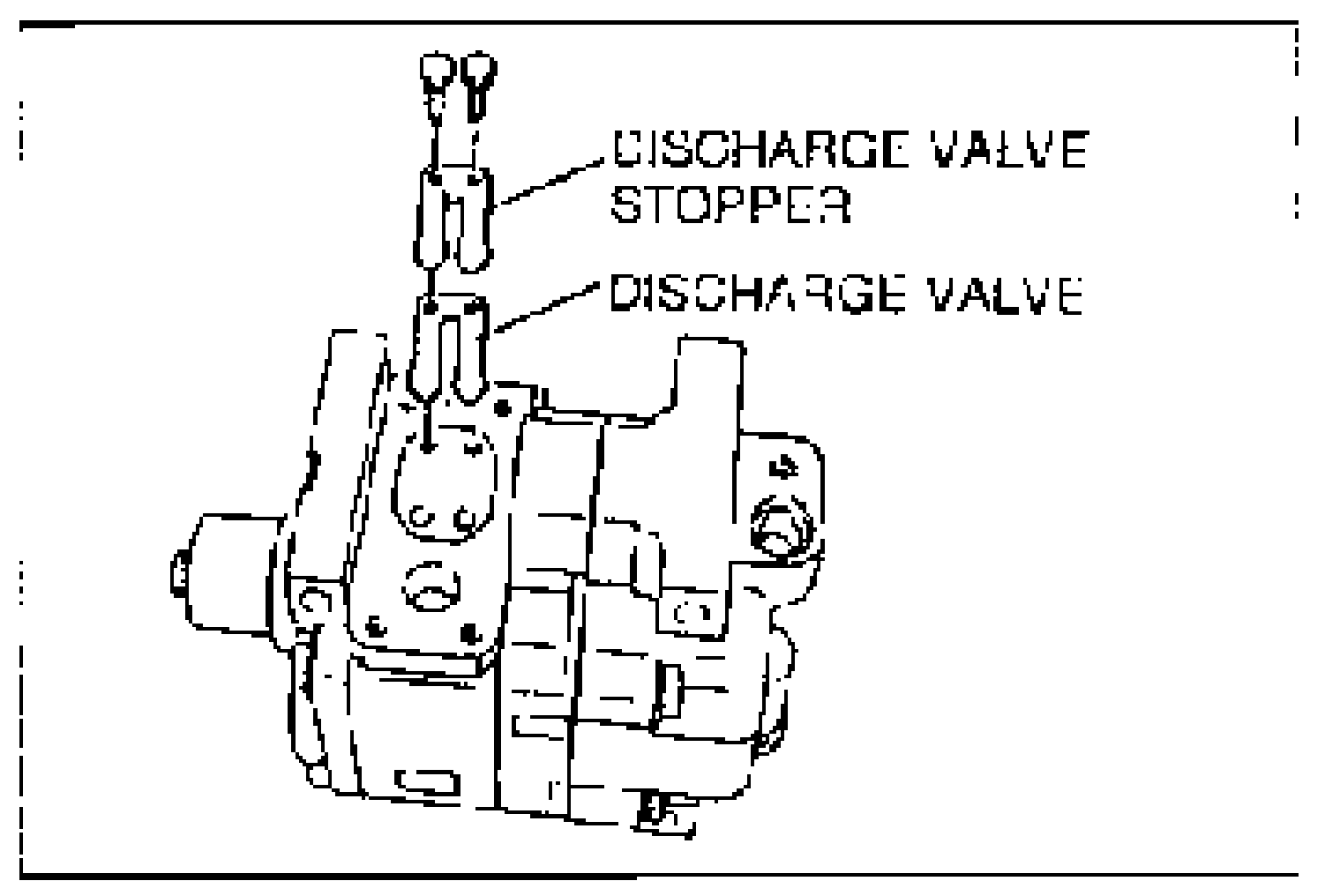 Compressor head with the discharge valve and valve stopper shown exploded above their seats. Callouts label DISCHARGE VALVE STOPPER and DISCHARGE VALVE.