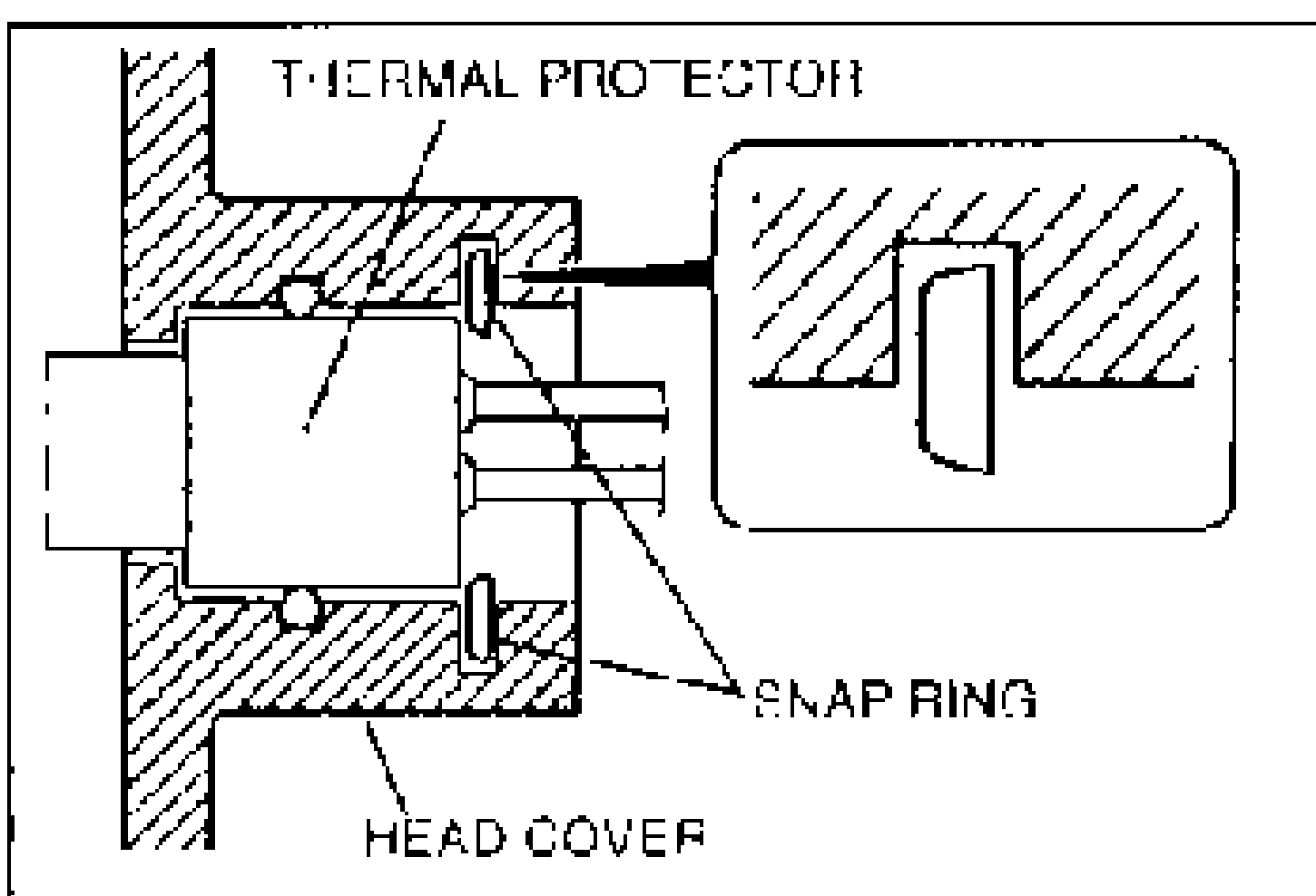 Cross-section through the head cover showing the thermal protector seated with its snap ring; a detail callout shows the snap ring chamfered edge orientation. Callouts label THERMAL PROTECTOR, SNAP RING and HEAD COVER.