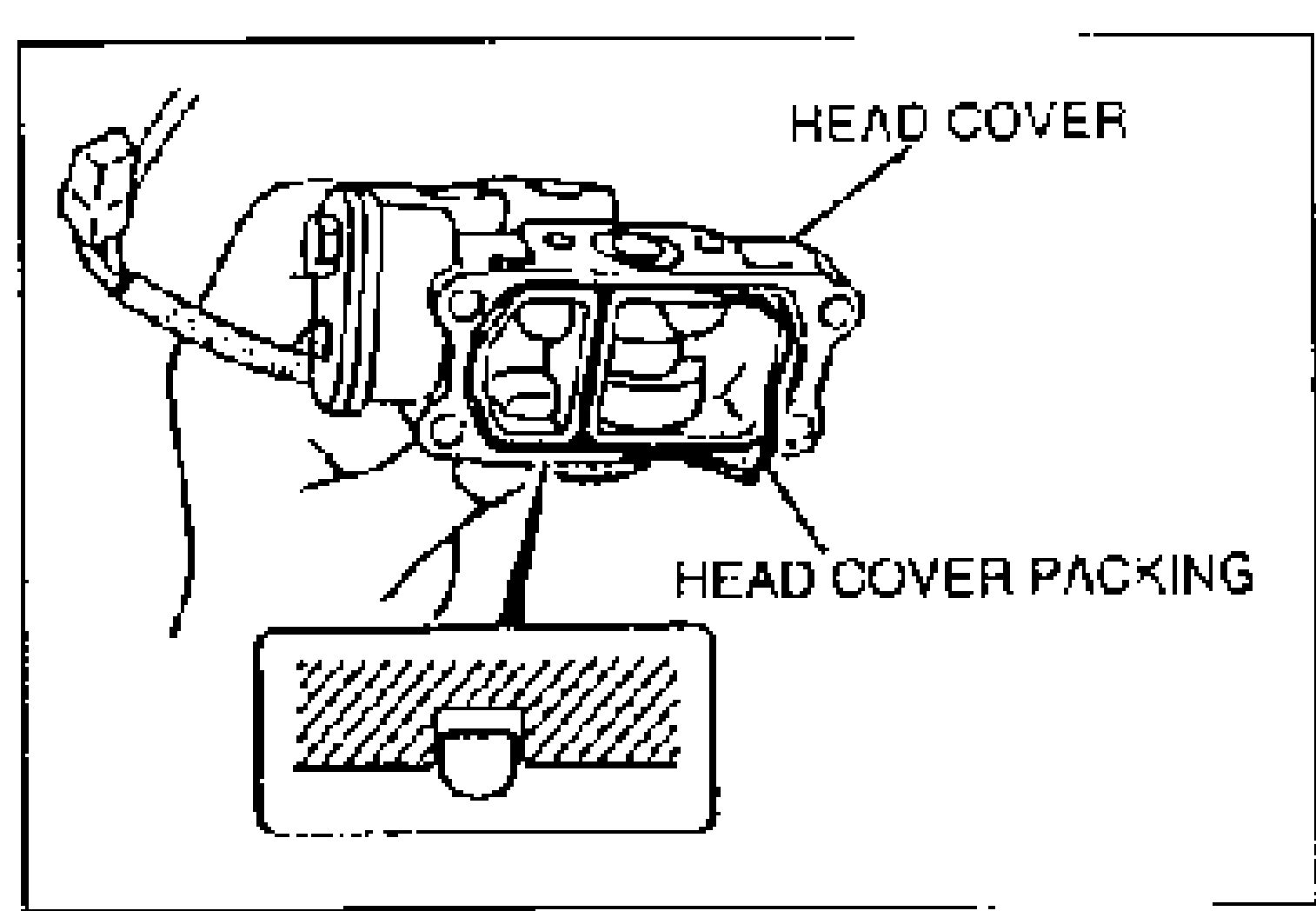 Line drawing of the A/C compressor head cover area with a hand holding the cover. Leader lines label HEAD COVER (upper) and HEAD COVER PACKING (lower). An inset cross-section at the bottom shows the hatched packing/gasket orientation indicating the top side faces upward.