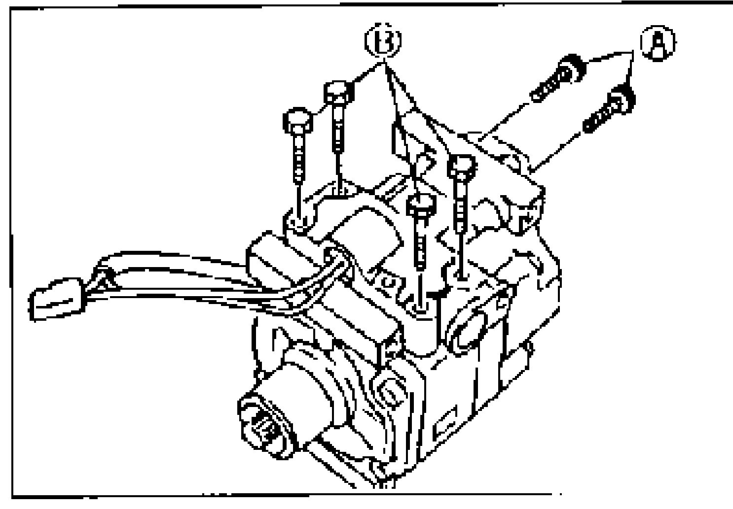 Line drawing of the A/C compressor with the head cover removed, showing the bolt pattern. Callout B (circled) marks the socket head bolts and callout A (circled) marks the bolts to be tightened in a diagonal manner.