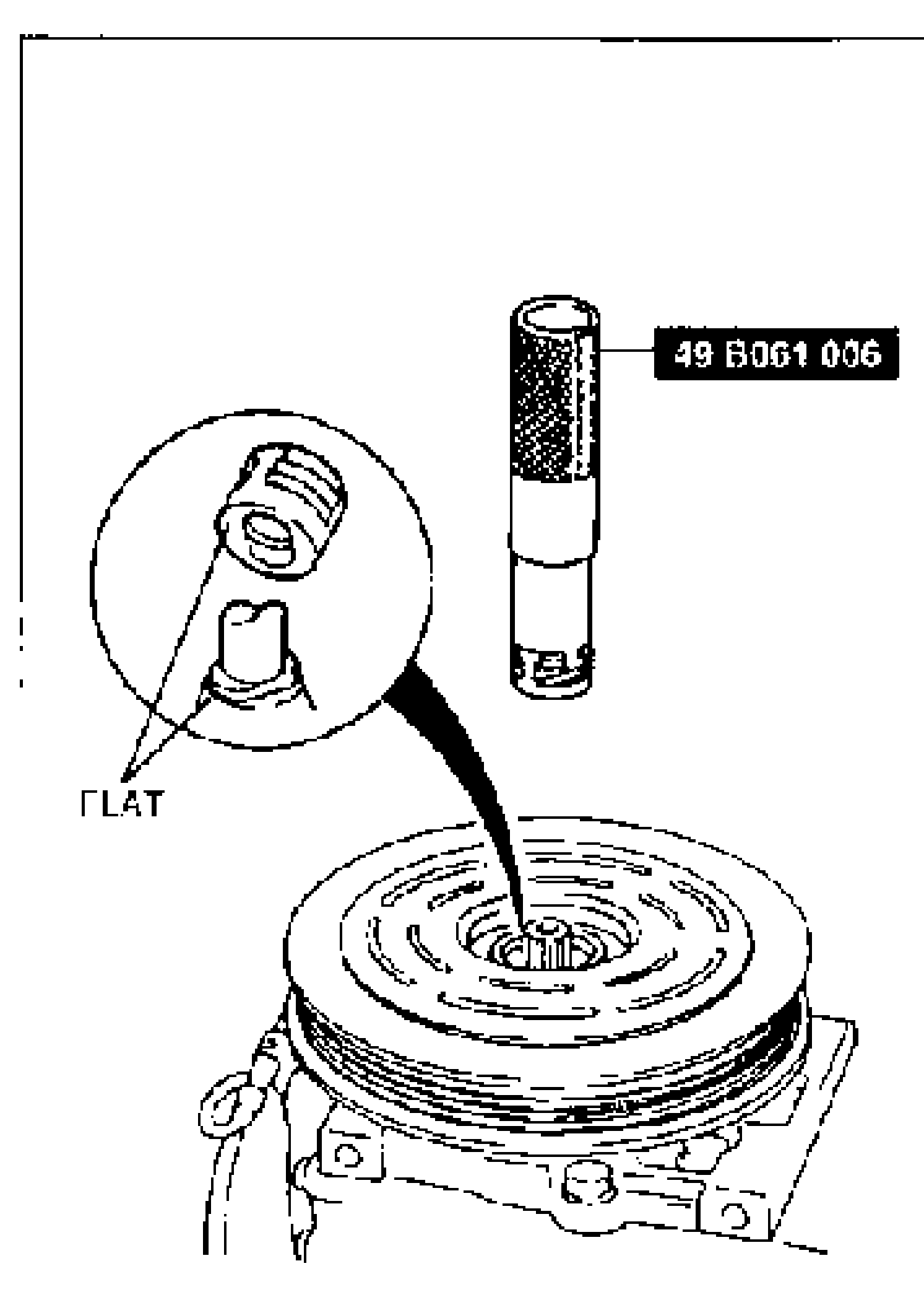 Line drawing showing the shaft seal being installed onto the compressor shaft using SST 49 B061 006. A magnified circular inset shows the seal case flat aligned with the shaft flat (labelled FLAT). The compressor pulley/clutch face is shown below.