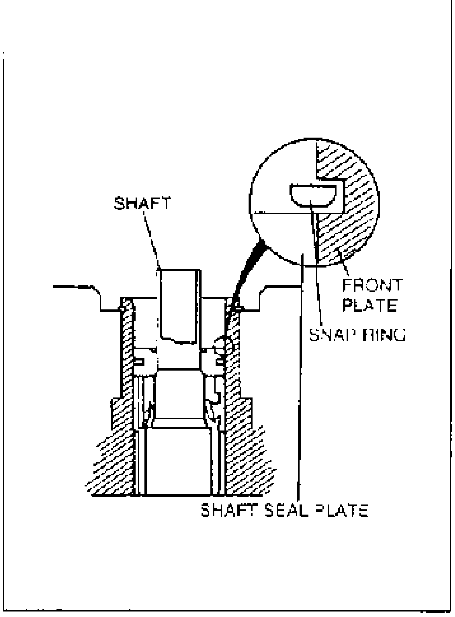 Cross-section line drawing of the shaft seal plate assembly. Labels: SHAFT, FRONT PLATE, SNAP RING, SHAFT SEAL PLATE. A magnified circular inset shows the snap ring seated in its groove with chamfered edge inside.