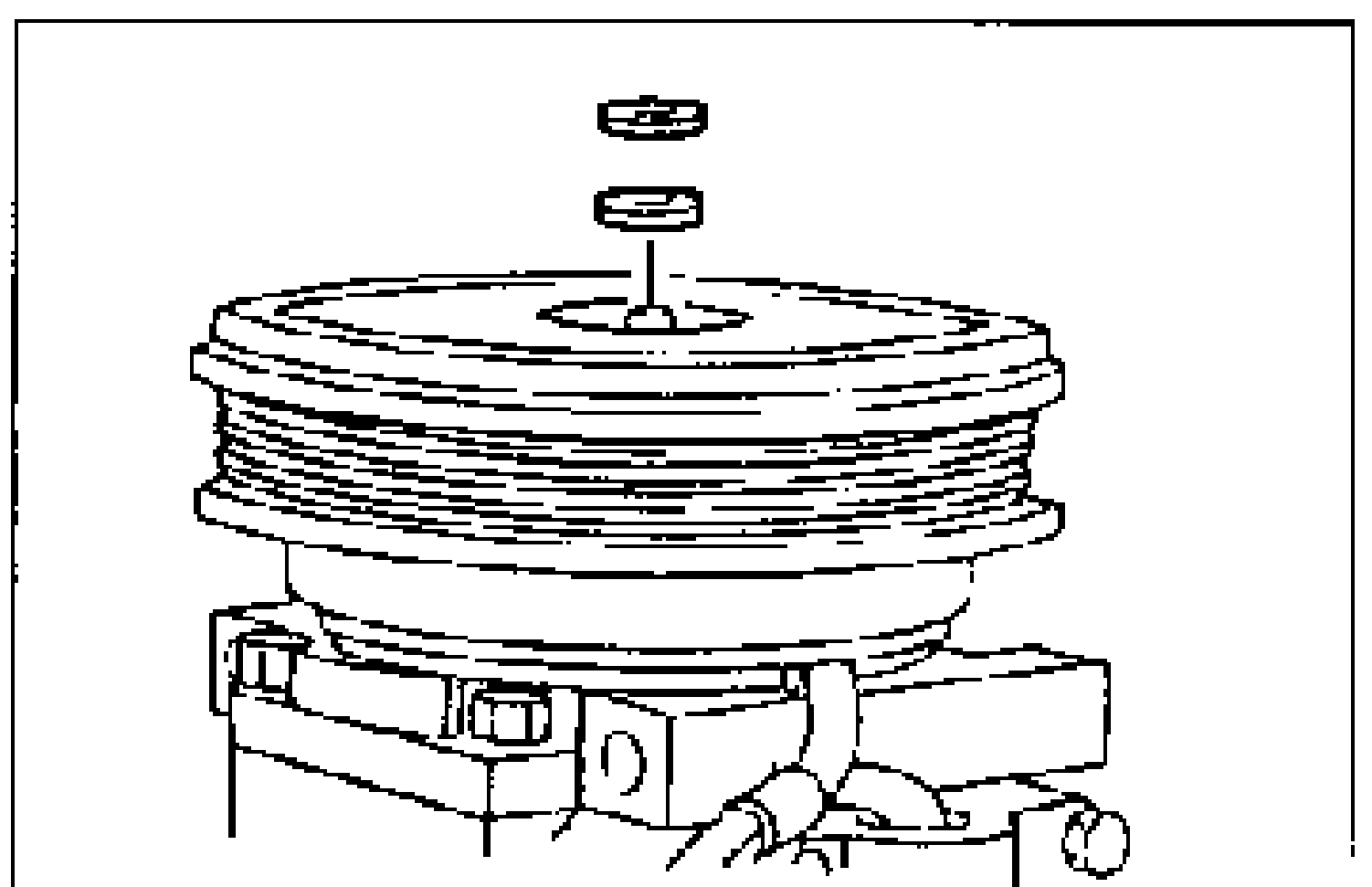 Line drawing of the compressor pulley/clutch assembly with shim(s) and pressure plate exploded above it, illustrating installation of the shim(s) and pressure plate and measurement of pulley-to-pressure-plate clearance.