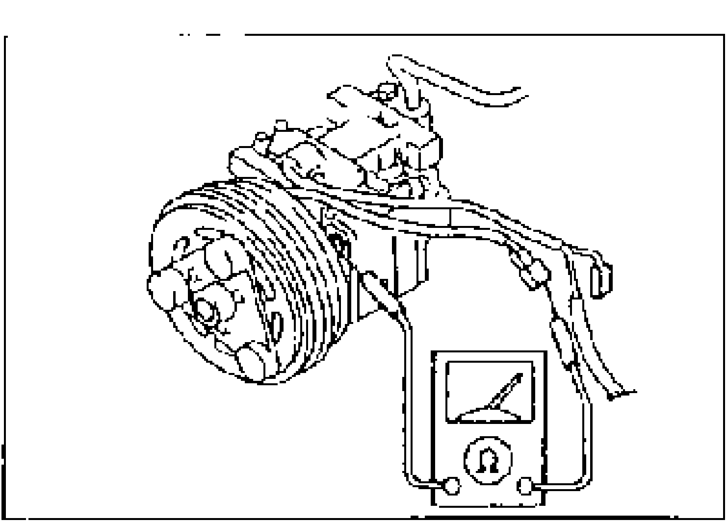 Stator continuity check: an ohmmeter is connected between the stator terminal and the A/C compressor body to verify continuity.