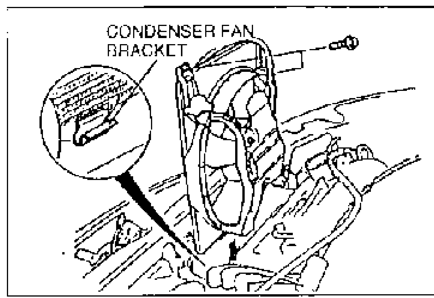 Engine-bay line drawing showing the condenser fan and its mounting. A magnified circular inset highlights the CONDENSER FAN BRACKET; an arrow indicates the fan removal direction.