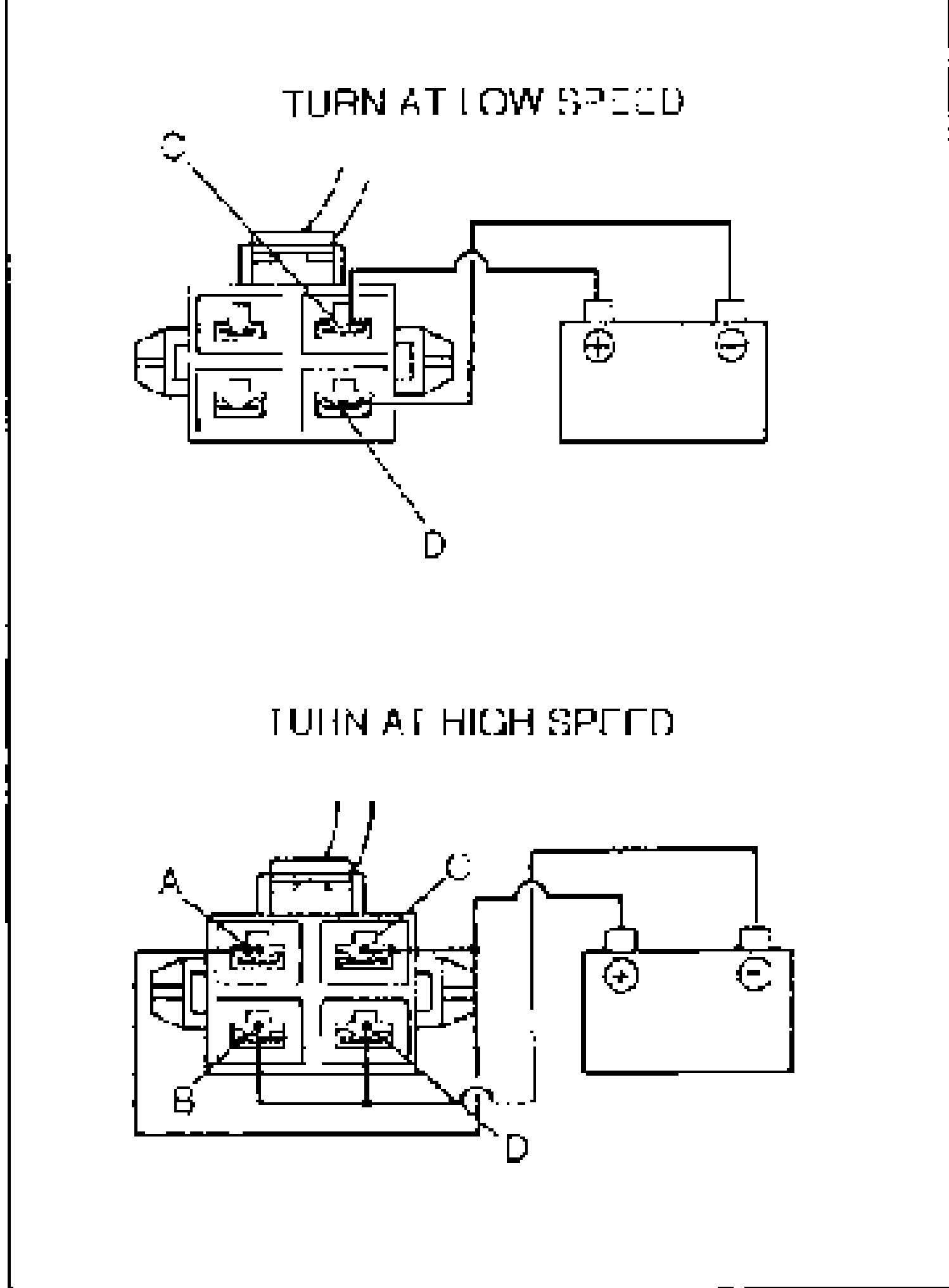 K8 condenser fan connector test diagrams. Top (TURN AT LOW SPEED): battery positive to terminal C and ground to terminal D. Bottom (TURN AT HIGH SPEED): battery to terminals A and C, ground to terminals B and D. Terminals A, B, C, D are labelled on the 4-pin connector.