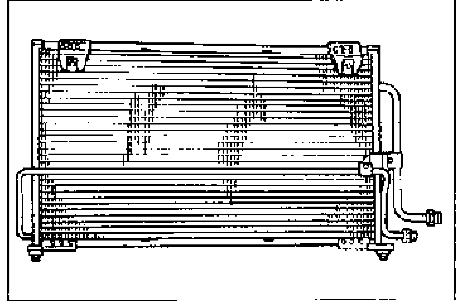 Front view line drawing of the A/C condenser core showing the fin pack and inlet/outlet pipe connections, used for inspection.