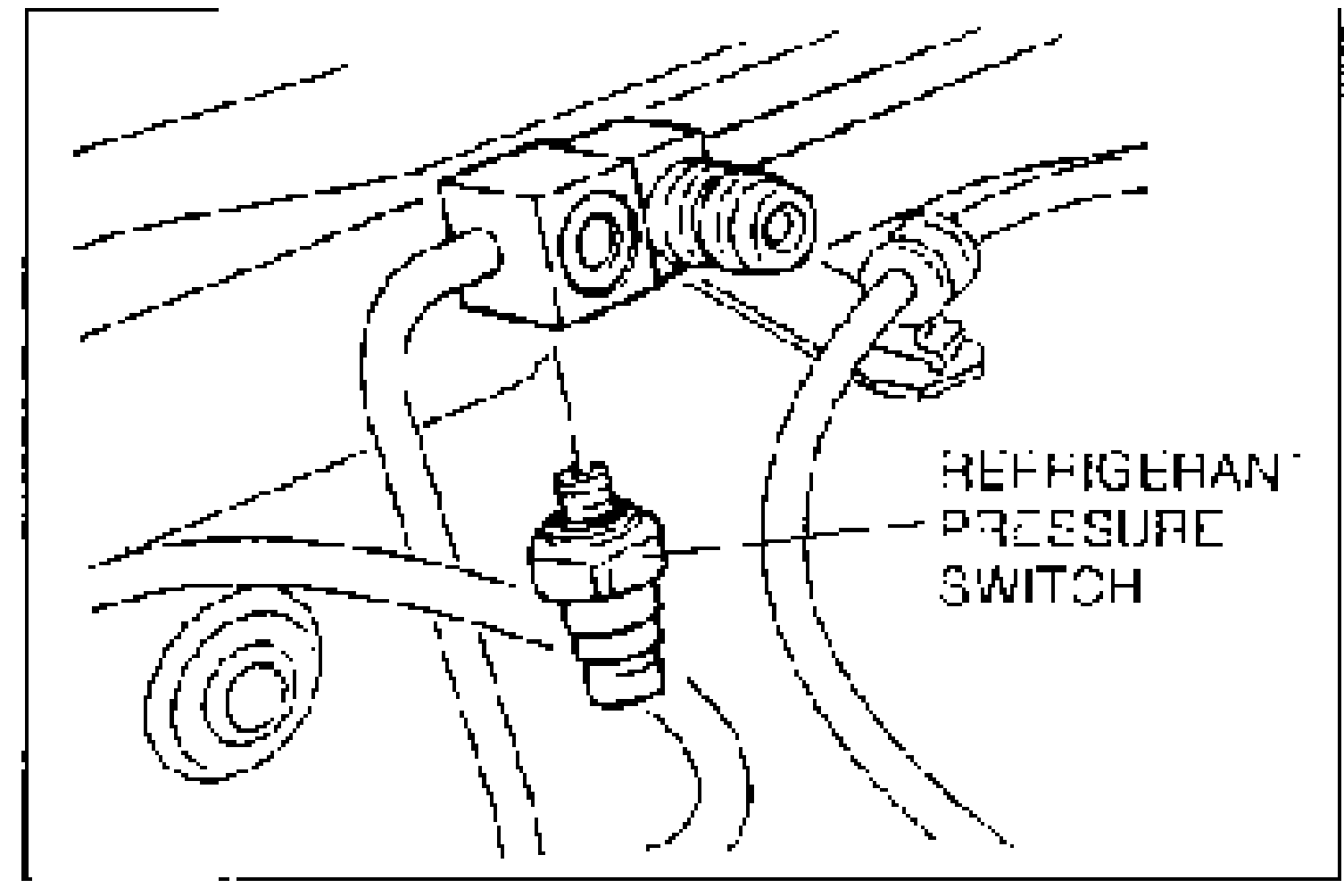 Engine-bay line drawing showing the refrigerant pressure switch threaded into the refrigerant line, with a leader line labelling REFRIGERANT PRESSURE SWITCH.
