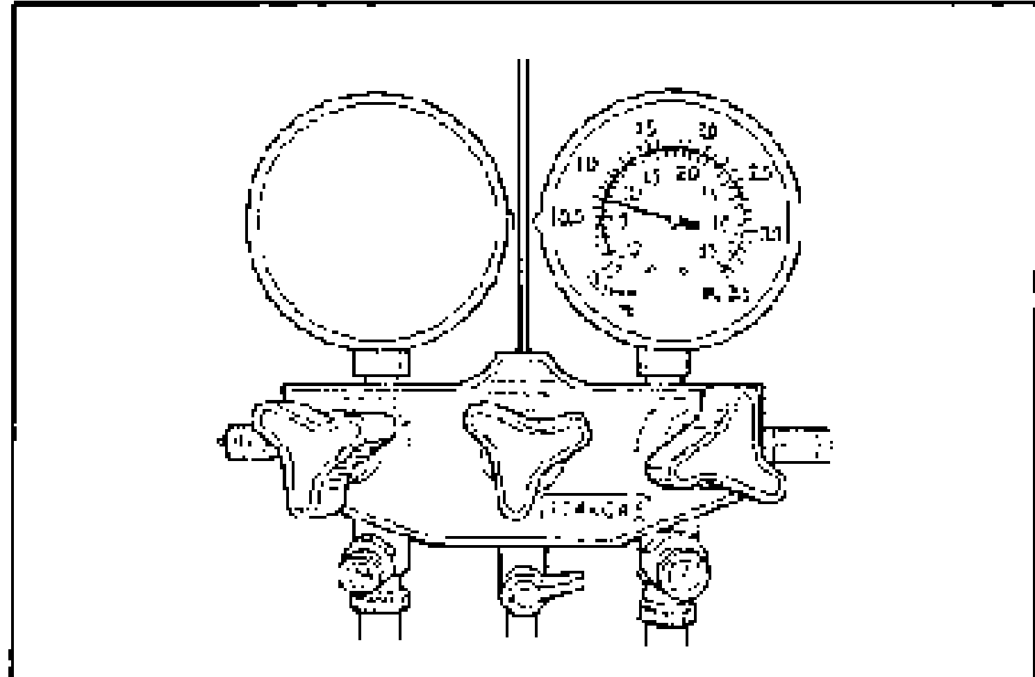 Manifold gauge set connected for measuring the high-pressure-side reading, with the high-pressure gauge dial shown.