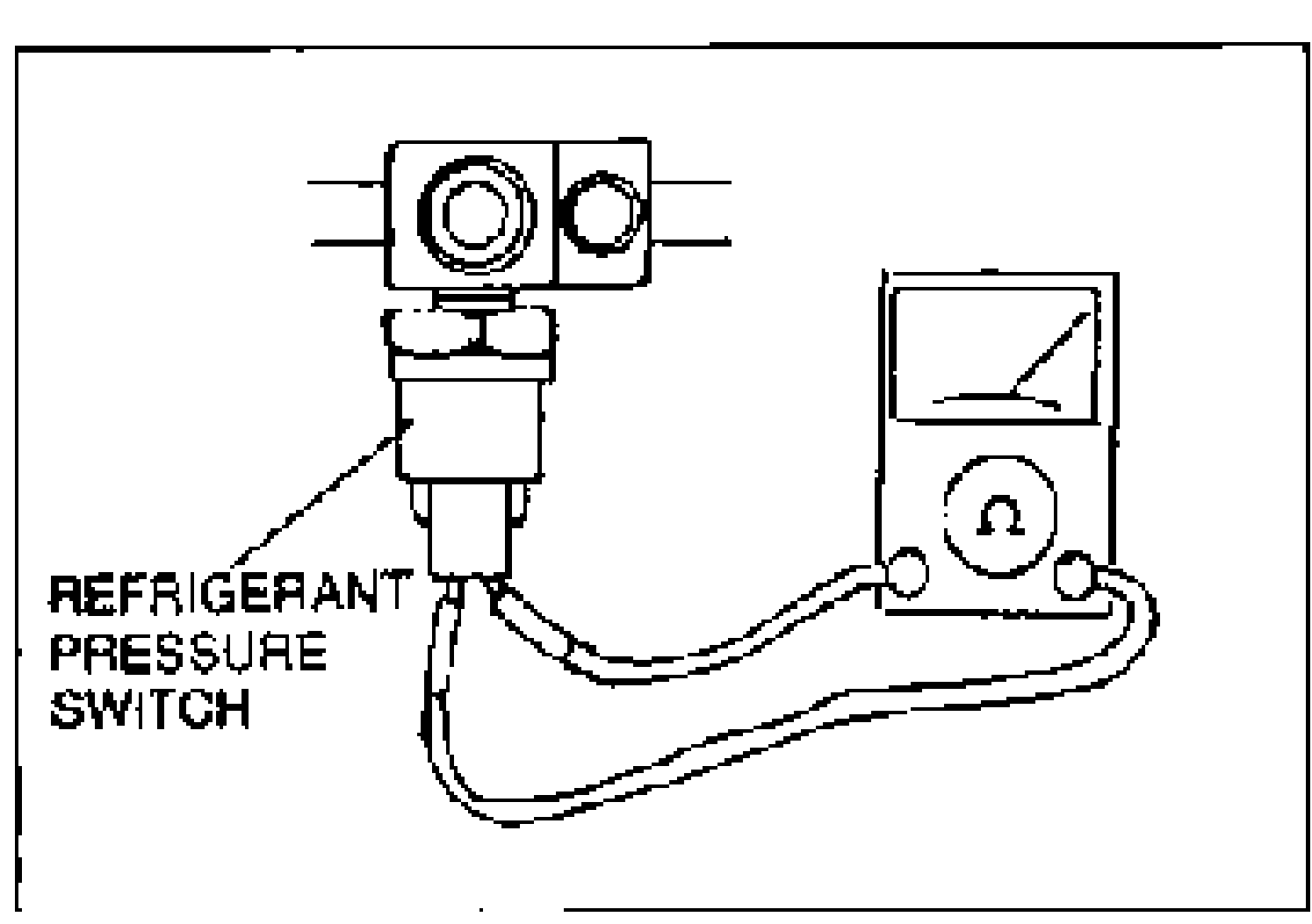 Line drawing showing an ohmmeter connected to the refrigerant pressure switch terminals to check for continuity. A leader line labels the REFRIGERANT PRESSURE SWITCH.