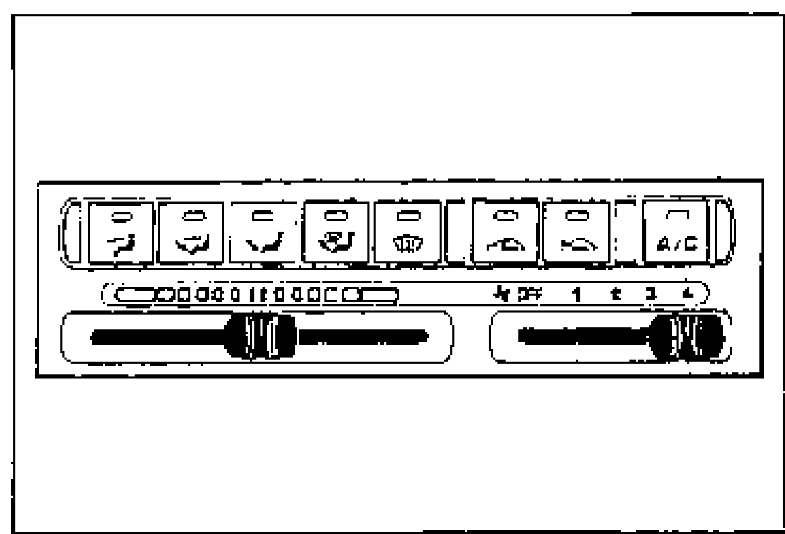 Illustration of the A/C control panel showing the row of mode/function pushbuttons (including the A/C button at the right), the temperature/recirculation slider levers, and the fan-speed slider with positions marked OFF, 1, 2, 3, 4.