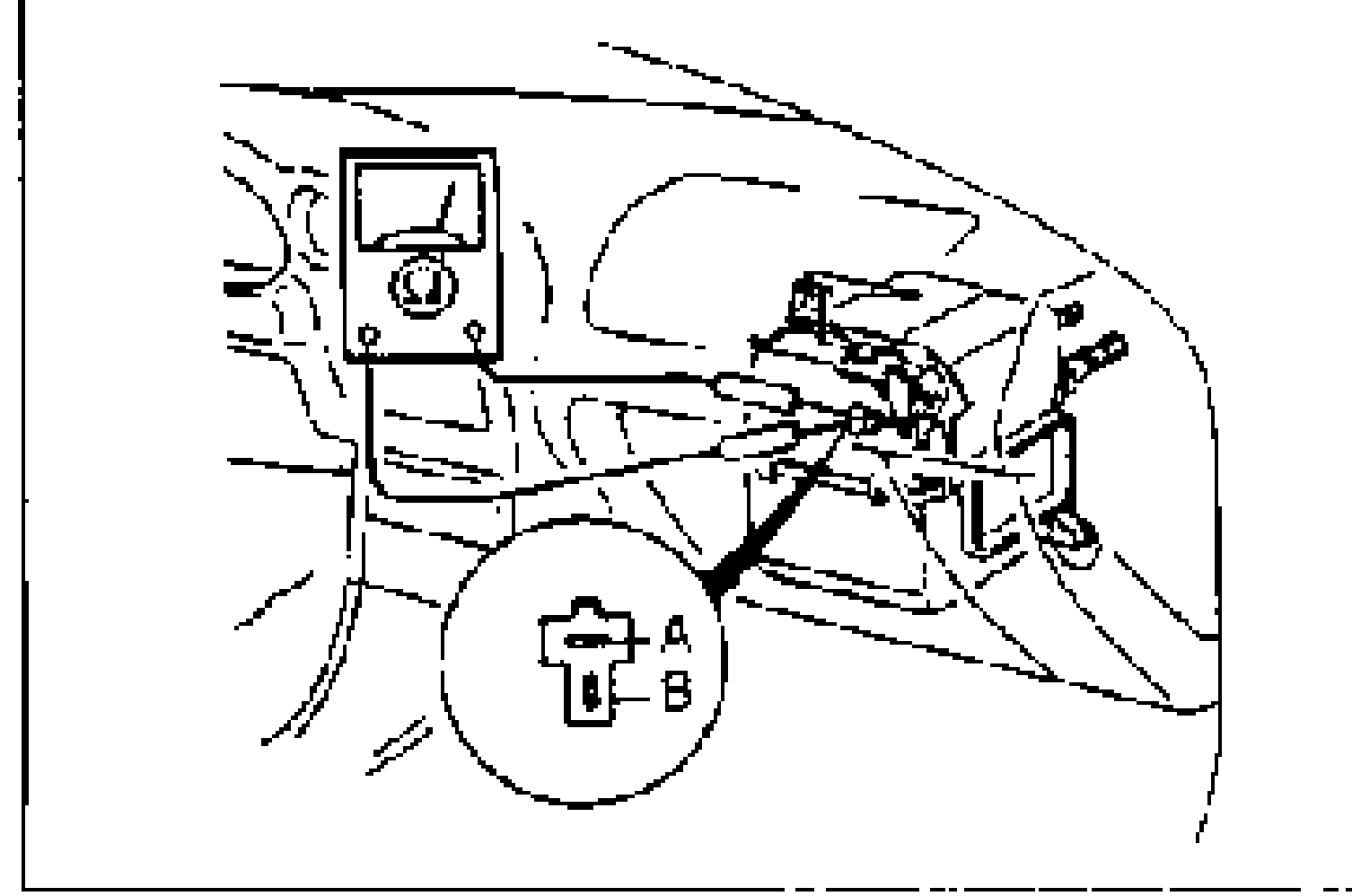 Interior view of the dashboard/instrument-panel area with a tester (multimeter) connected; a magnified circular inset shows the thermoswitch connector with terminals labelled A and B.
