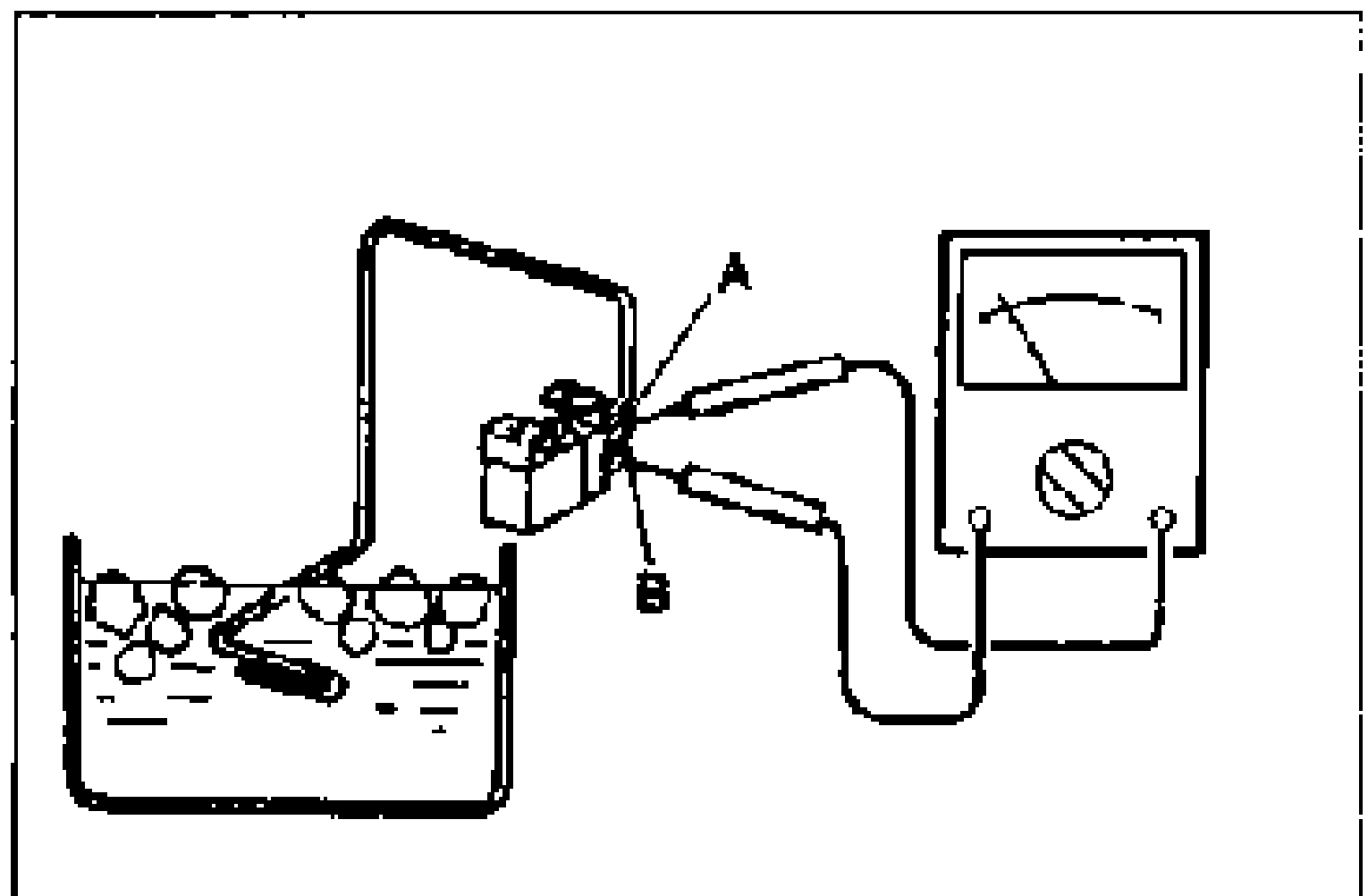 Bench inspection: the thermoswitch sensing bulb immersed in a container of ice water with a tester (analog ohmmeter) connected to terminals A and B to check continuity.