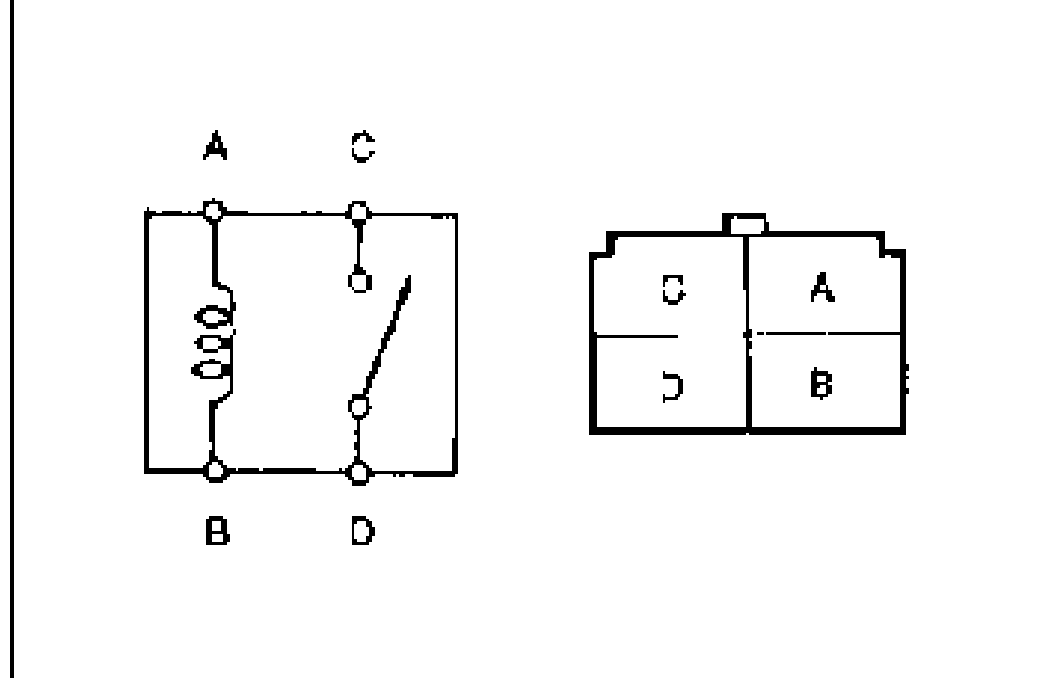 Relay internal schematic and connector terminal layout. Left: coil between terminals A and B and a switch contact between terminals C and D, with terminals labelled A and C at top, B and D at bottom. Right: the connector face view showing terminal positions C/A (top row) and D/B (bottom row).
