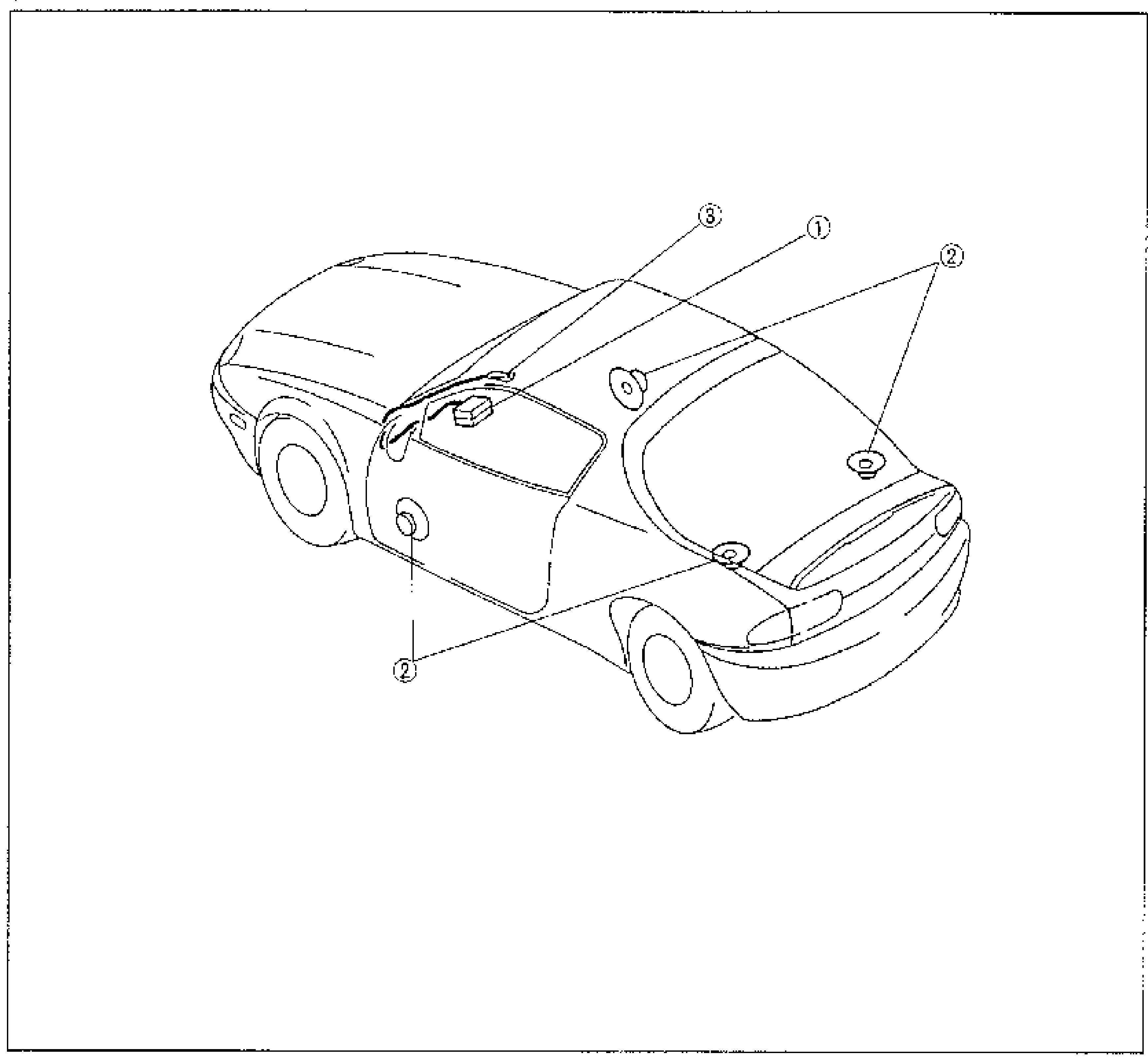 Three-quarter rear cutaway view of the MX-3 body showing audio-system component locations with numbered balloon callouts: (1) audio unit in the instrument panel, (2) speakers (front door and rear), and (3) roof antenna.