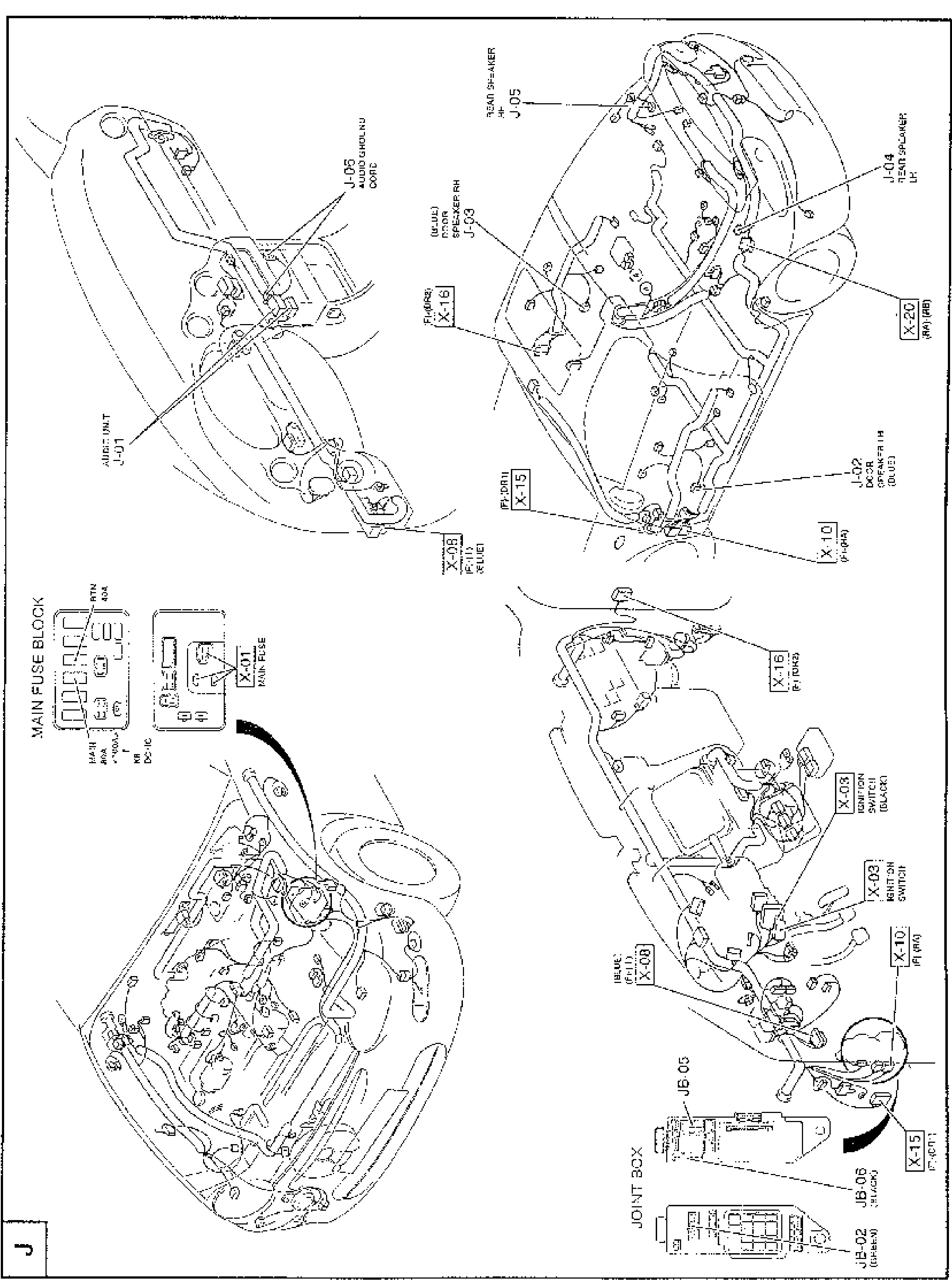 Full-page Connector Locations diagram for the audio system, four line-art vehicle/harness views (labels printed rotated). Shows physical mounting positions of audio connectors and components on the body and harness: AUDIO UNIT J-01, AUDIO GROUND CORD J-05, MAIN FUSE BLOCK with MAIN 80A, BTN 40A and RTN 40A fuses, X-01 MAIN FUSE, REAR SPEAKER LH J-04, REAR SPEAKER RH J-05, DOOR SPEAKER RH J-03 (BLUE), DOOR SPEAKER LH J-02 (BLUE), IGNITION SWITCH X-03 (BLACK), JOINT BOX with JB-05, JB-06 (BLACK), JB-02 (GREEN), and inline connectors X-08 (F-1) (BLUE), X-10 (F) (RA), X-15 (F)(DR1), X-16 (F)(DR2), X-20 (RA)(RB).