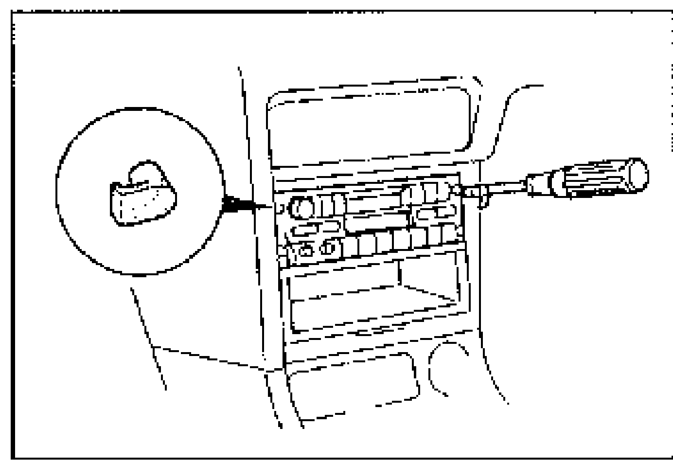 Center dashboard panel with the audio unit; a protected screwdriver pries out an audio unit service hole cover (shown enlarged in a circular inset). Illustrates Audio Unit Removal step 1.