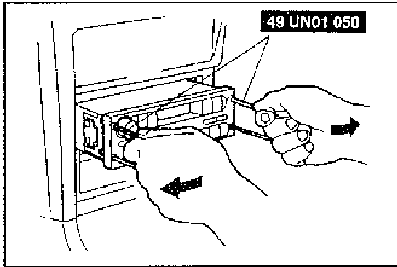 SST 49 UN01 050 removal keys inserted into the audio unit; hands pull the unit outward/rearward with directional arrows. Illustrates Audio Unit Removal steps 2-3.