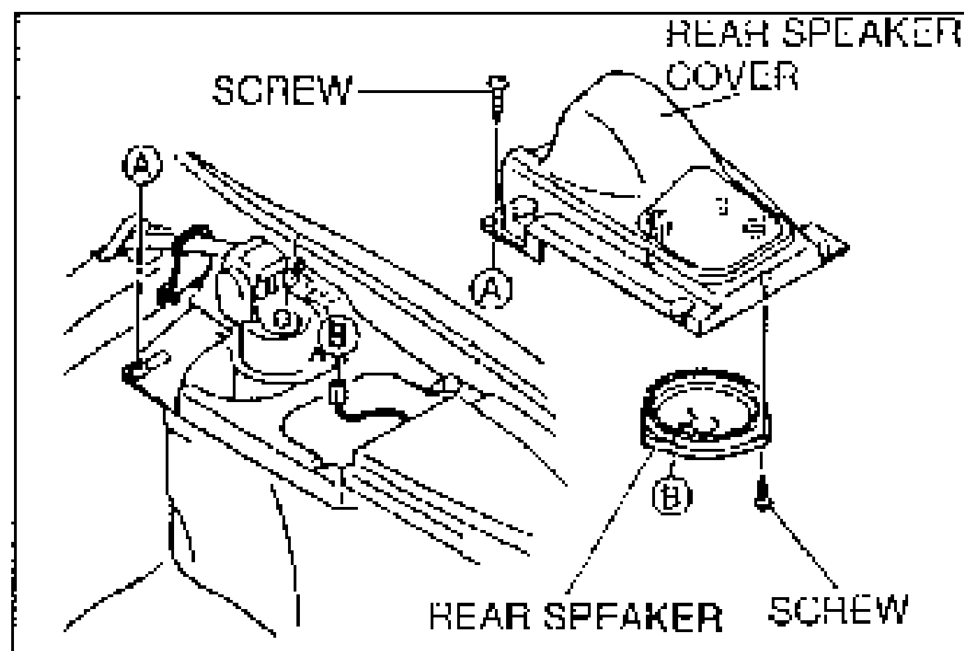 Rear speaker installation: exploded view showing rear speaker cover, mounting screws, and rear speaker, with callouts A and B. Illustrates the Rear speaker removal/installation procedure.