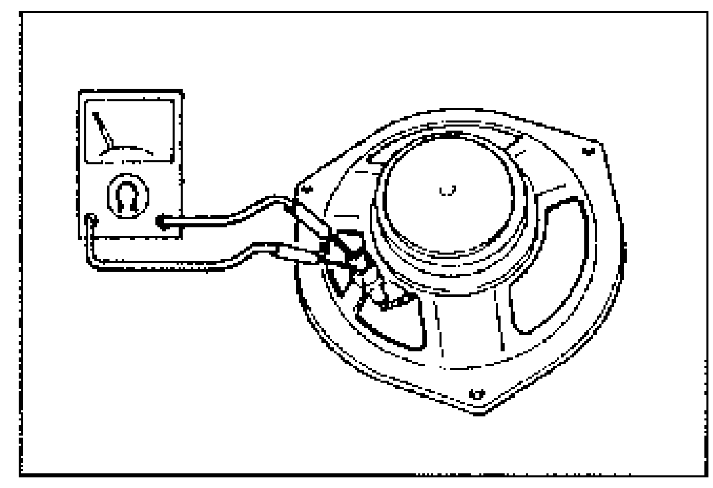 An ohmmeter connected to the terminals of a speaker, used to measure the resistance between the speaker terminals. Illustrates the speaker Inspection procedure.